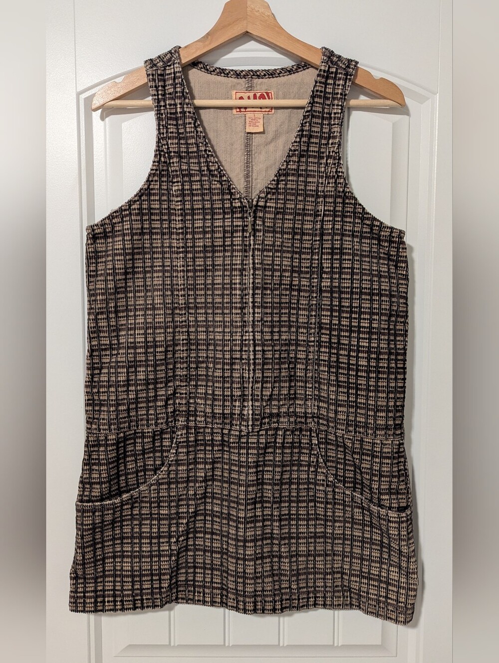 Vintage 70s 80s A-HA! Corduroy Plaid Jumper Dress Pinafore Size Small Brown Tan